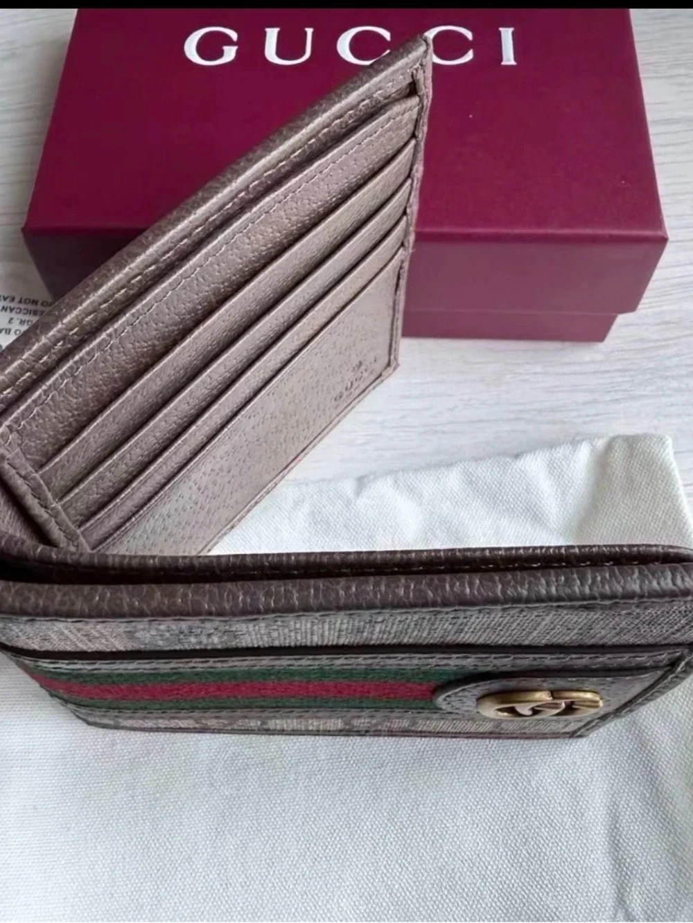 Gucci Brown Leather & Green-Red Web Stripe Card Holder with Gold GG